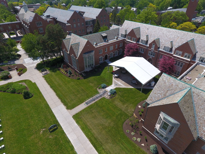 Aerial view of academic campus tent setup