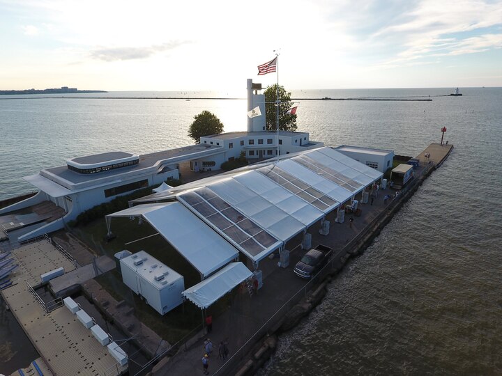 Aerial view of corporate event clearspan tent at waterfront venue