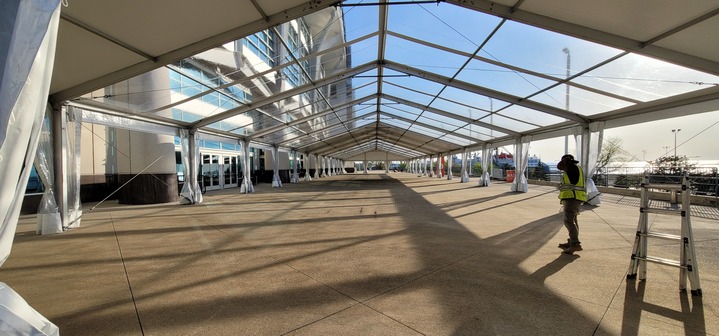 Clear-span tent interior walkway at stadium venue