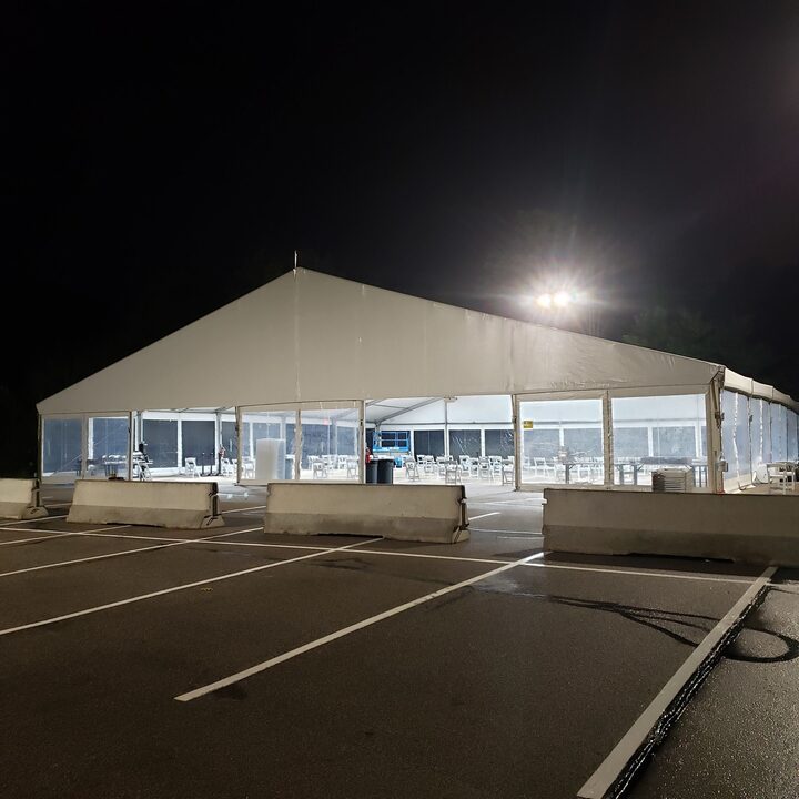 Aerial view of disaster response basecamp with clearspan tents