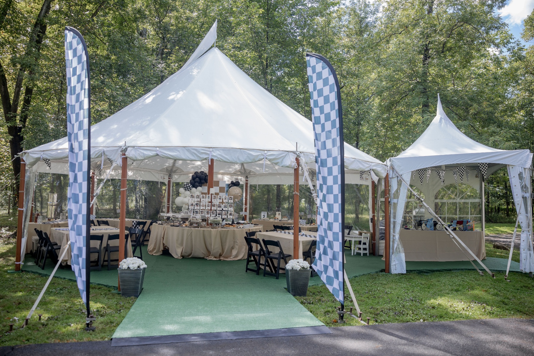 Birthday party tent setup in backyard