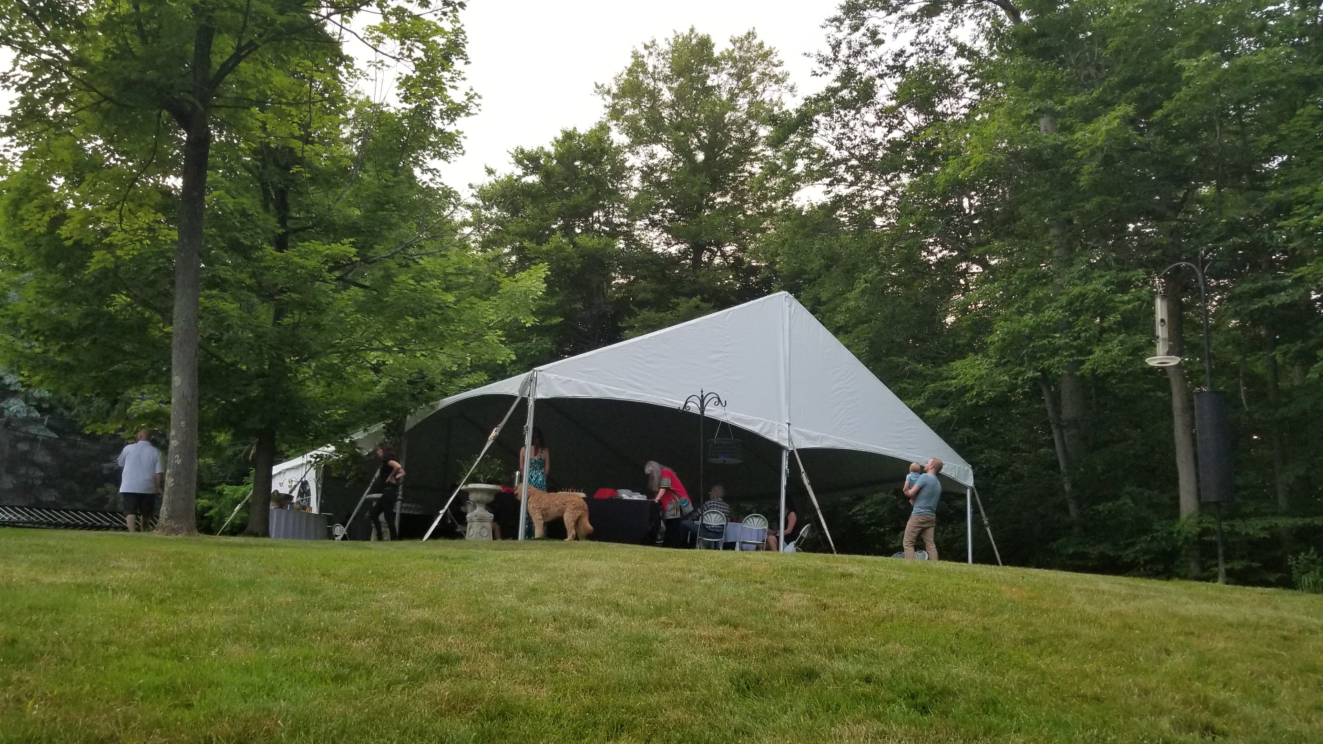 Backyard party tent with tables and chairs