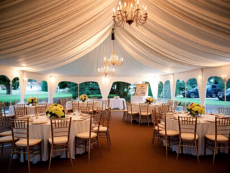 Wedding tent at night with beautiful string lighting